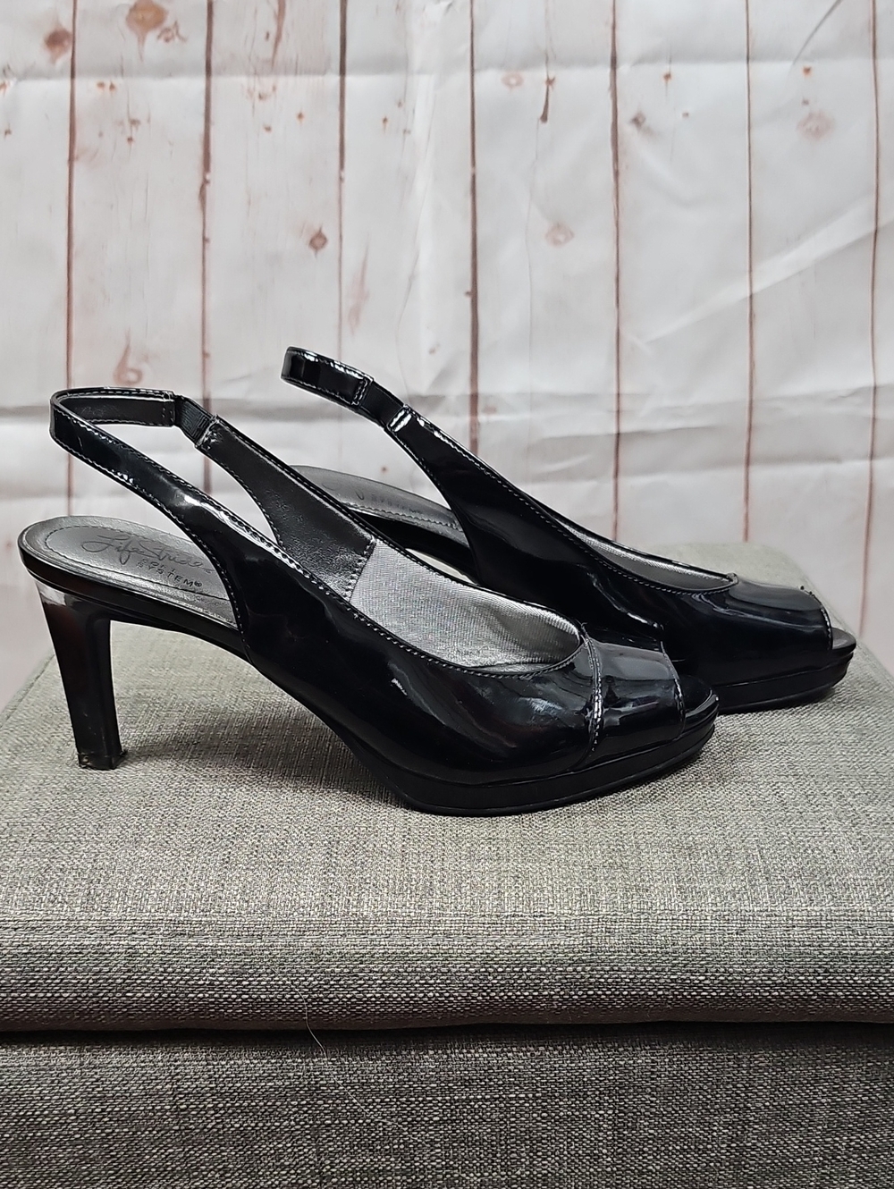 Life Stride Black Patent Slingback Peep-Toe Heels